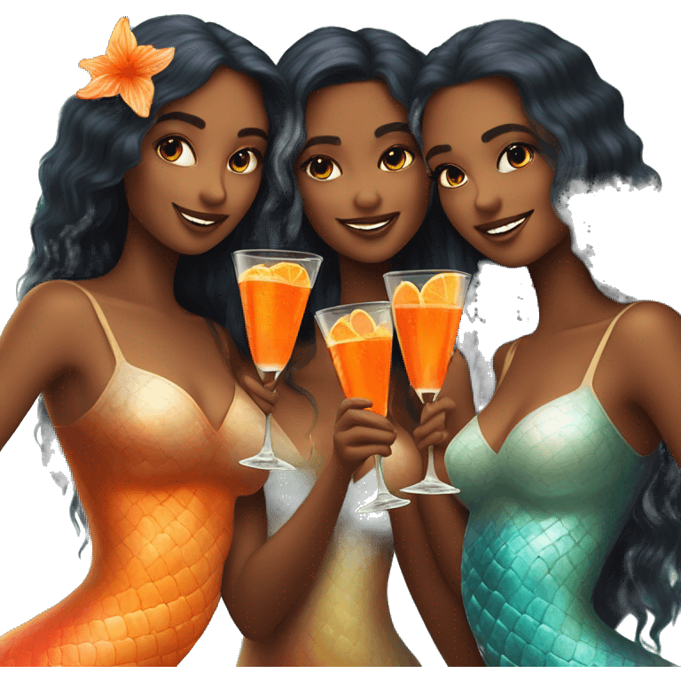 Three beautiful bright skin mermaids drinking aperol emoji