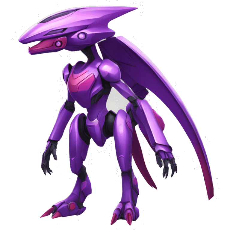 a shiny purple-red Genesect-Raptor-Fakémon—hybrid with a futuristic visor-helmet full body emoji