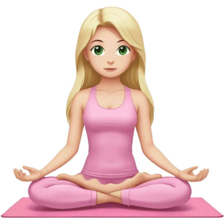 blonde long hair and green eyes yoga girl in light pink clothes sitting on a yoga mat emoji