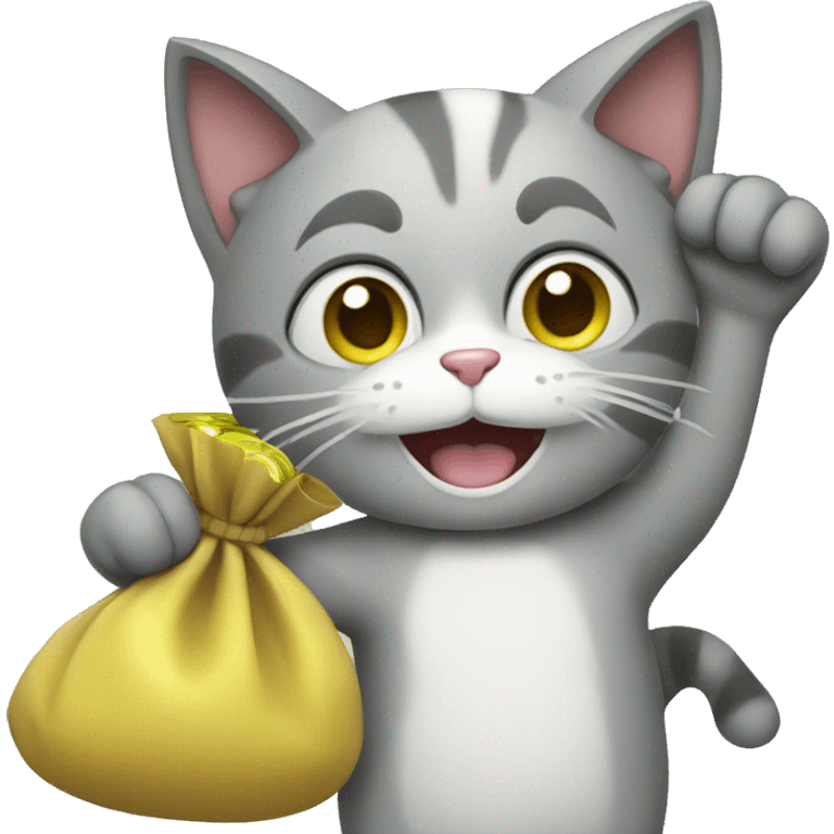 the cat waves its paw and holds a bag of money emoji