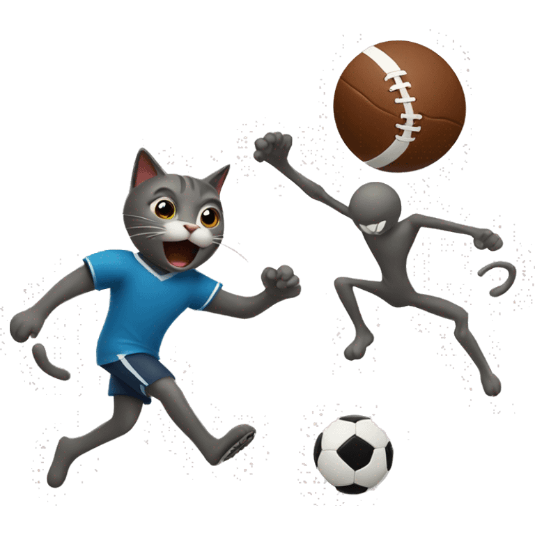 cat playing football and kicking ball to a stickman face emoji