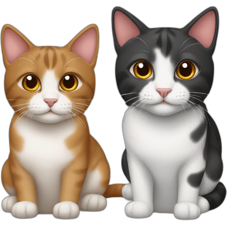 Two cats. The first cat of three colors red, black and brown. and light nose. The second is grey emoji