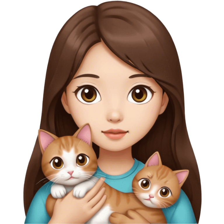 A Chinese girl with long brown hair and big eyes, holding a cat emoji