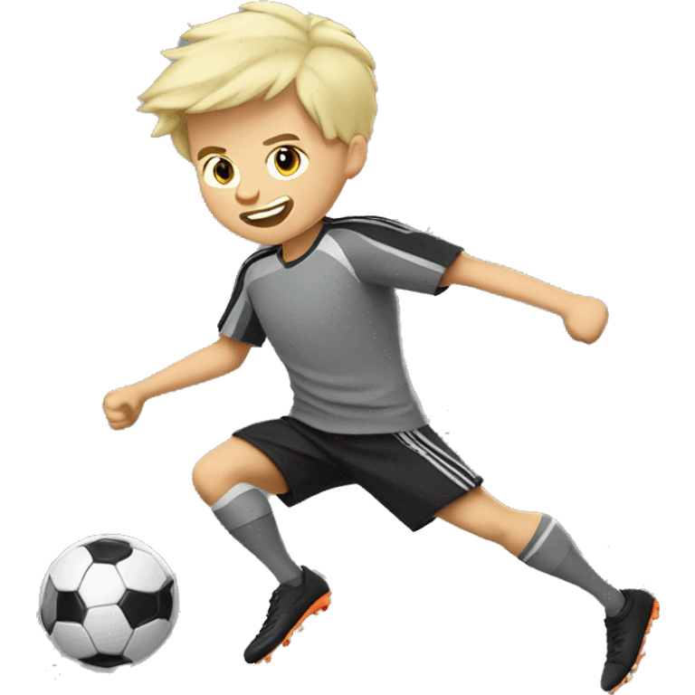 blonde boy in gray soccer uniform and black shorts with gray beard  and hair kicking a soccer ball emoji