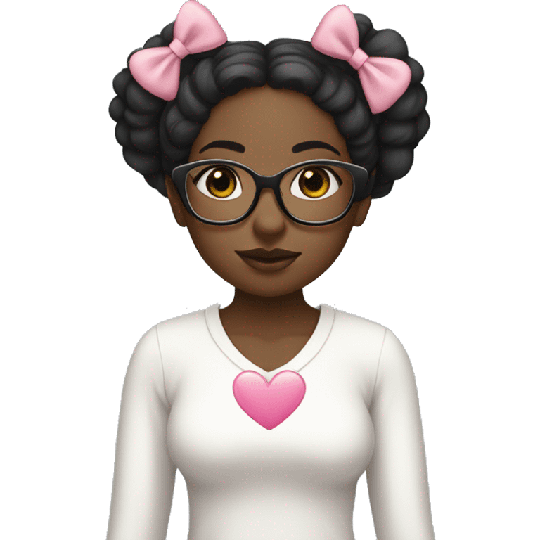 Black girl with long straight black hair and a white long sleeved top, clear glasses, pink bow in hair, white heart necklace emoji