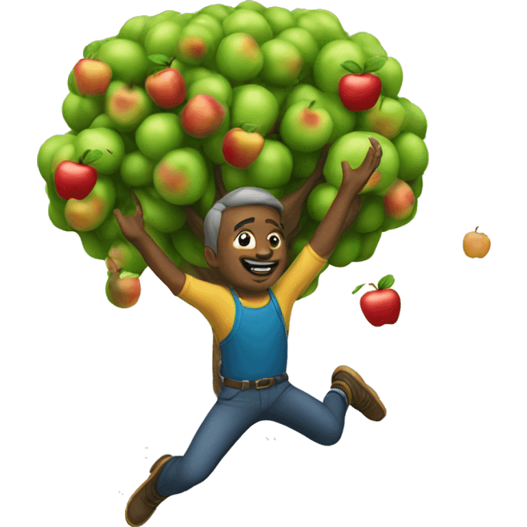 man jumping to get a apple off a tree emoji