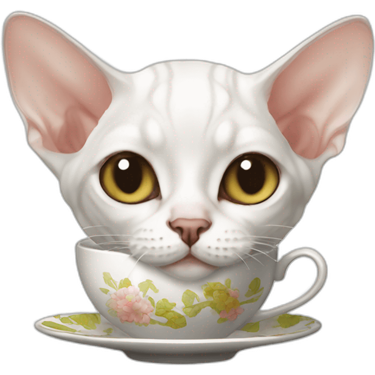 Slim white devon rex drinking tea emoji