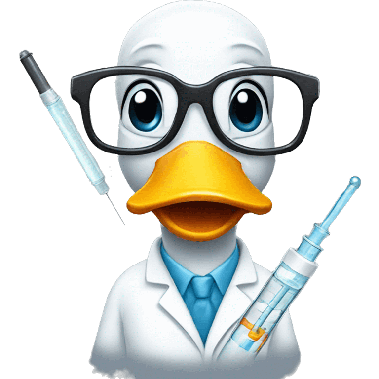 A duck wearing a labcoat and and glasses and holding syringe emoji