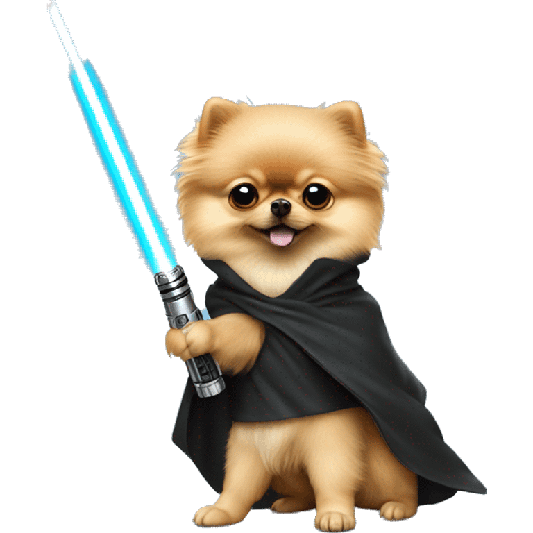 Pomeranian dressed as Luke Skywalker holding a lightsaber emoji