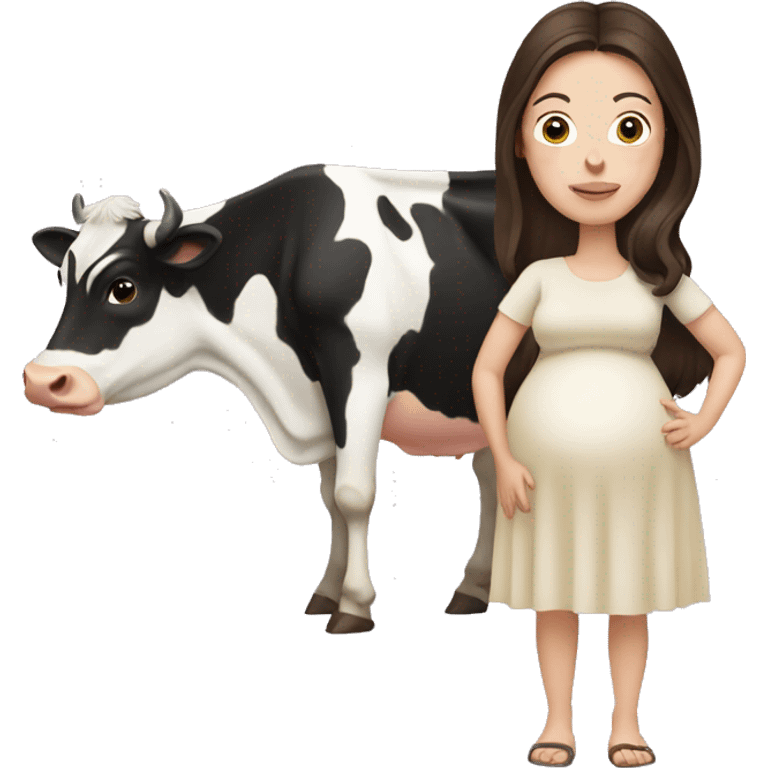 Brunette pregnant woman next to a cow emoji