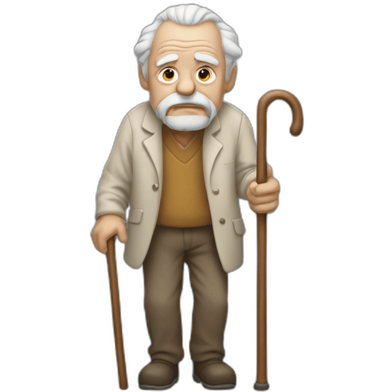 Old man leaning on a walking cane holding his back with his hand grumpy face, detailed emoji