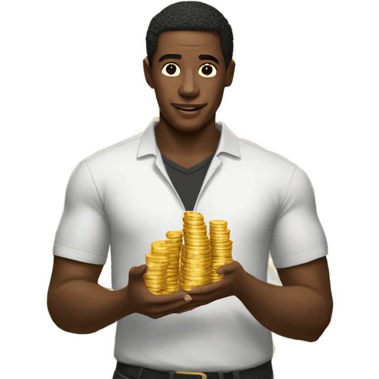 black man holding a lot of bitcoins  emoji