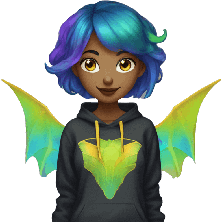 Lady with brunette and iridescent blue hair, gold, lime green dragon wings, black hoodie, oilslick holographic, black and gold Nike t shirt, and bright red eyes emoji