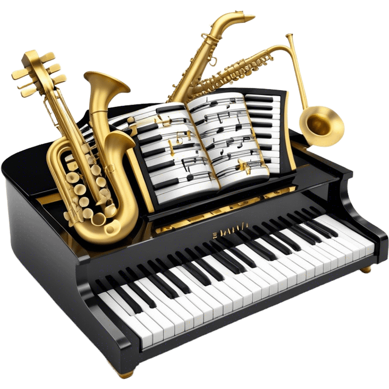 Create a detailed and elegant emoji collage representing keyboard instruments in a celebratory and professional style, reminiscent of a coat of arms. The design should feature a central arrangement of black and white piano keys, forming a symmetrical, powerful image. Around the keys, include a flowing ribbon of musical notes that intertwines with the keys, creating a sense of movement and harmony. Use gold and silver accents to highlight the keys and musical notes, giving the design a festive, high-quality appearance. The design should convey professionalism, elegance, and a sense of occasion. Add subtle reflections on the piano keys to enhance the polished look. The background should be transparent. emoji