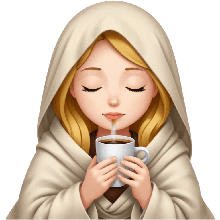 girl inside a blanket sipping coffee eyes closed emoji