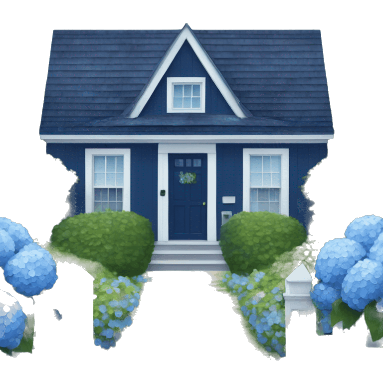 Navy blue shingle beach house with hydrangeas lining the drive way  emoji