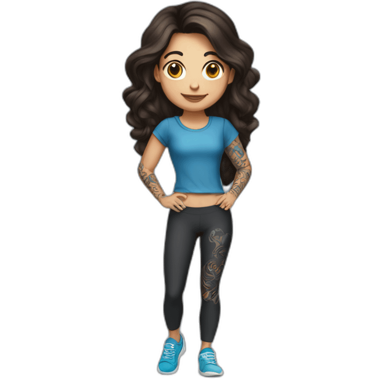 Short brunette, leggings, blue walking shoes, tattoo sleeve, holding laptop emoji