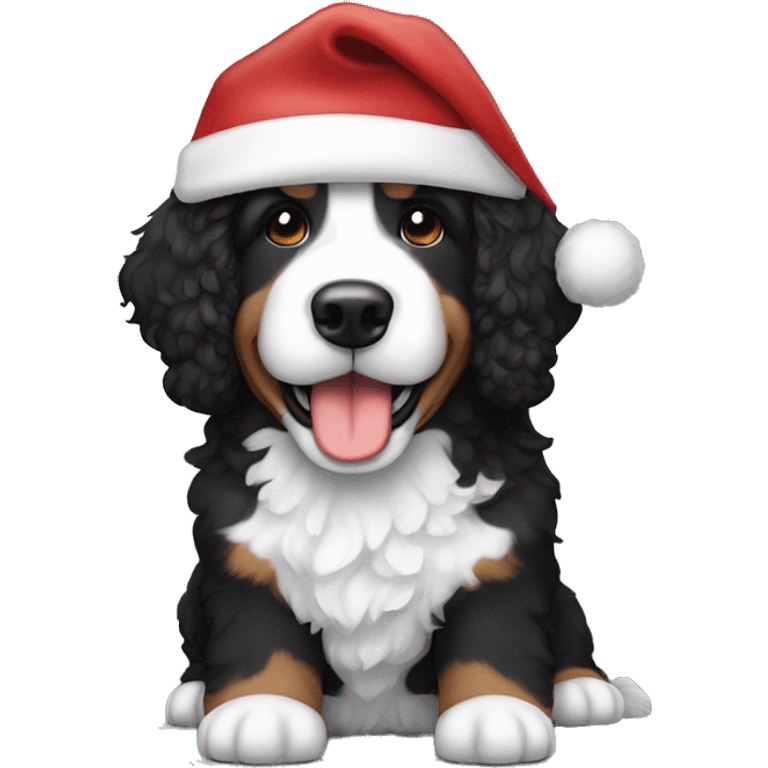 Black and whit bernedoodle wearing Santa hat emoji