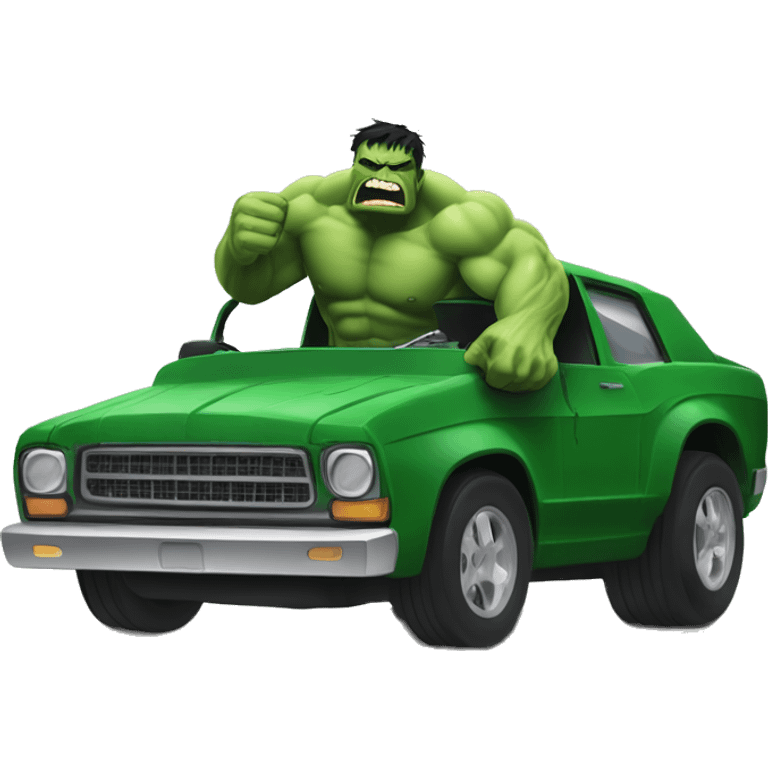 Vengeful hulk smashing a car and damaging it in the style of marvel emoji