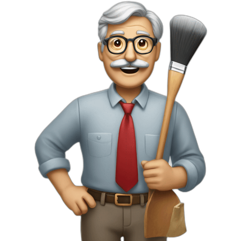 smiling old painter wearing a big grayl horeshoe mustache and glasse. he has a paintbrush in his hand. he wears red shirt and tie emoji