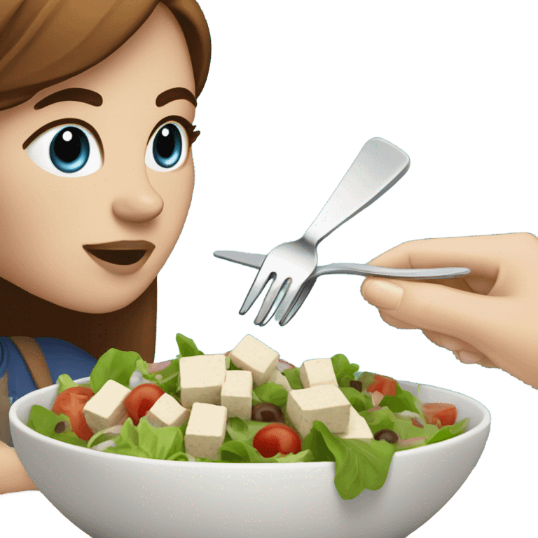 White girl with freackles Brown hair blue eyes eating Tofu salad with fork emoji