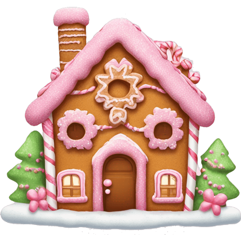 pink glittery gingerbread house with bow emoji