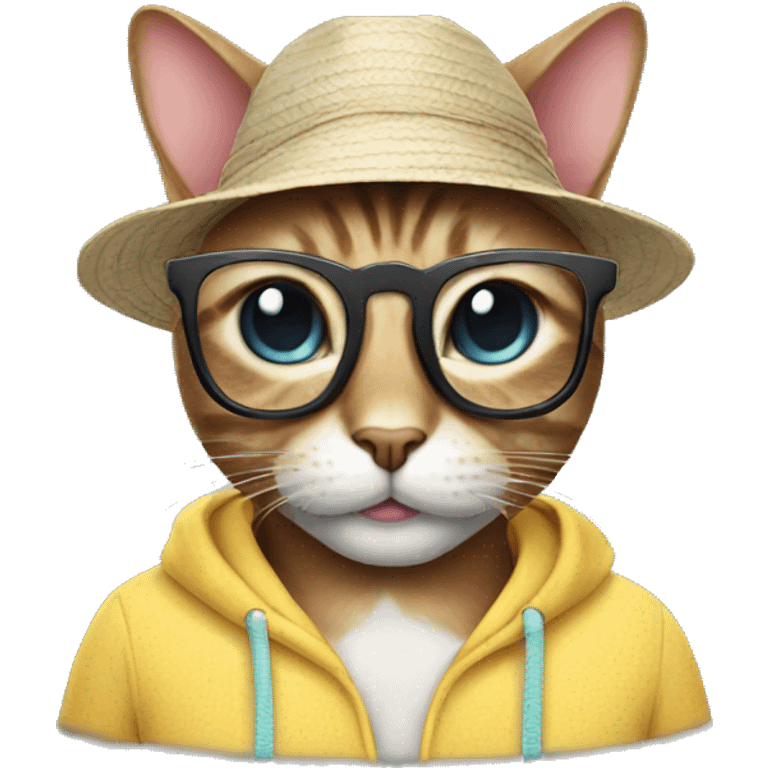 cat wearing glasses hat and beach clothes emoji