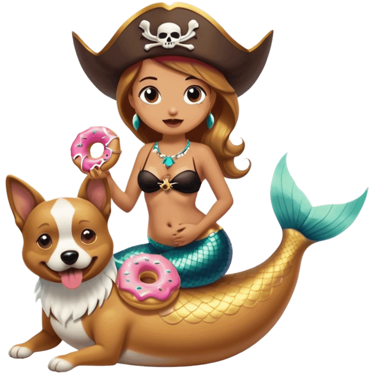 Pirate wearing a dog eating a donut with mermaid tail emoji