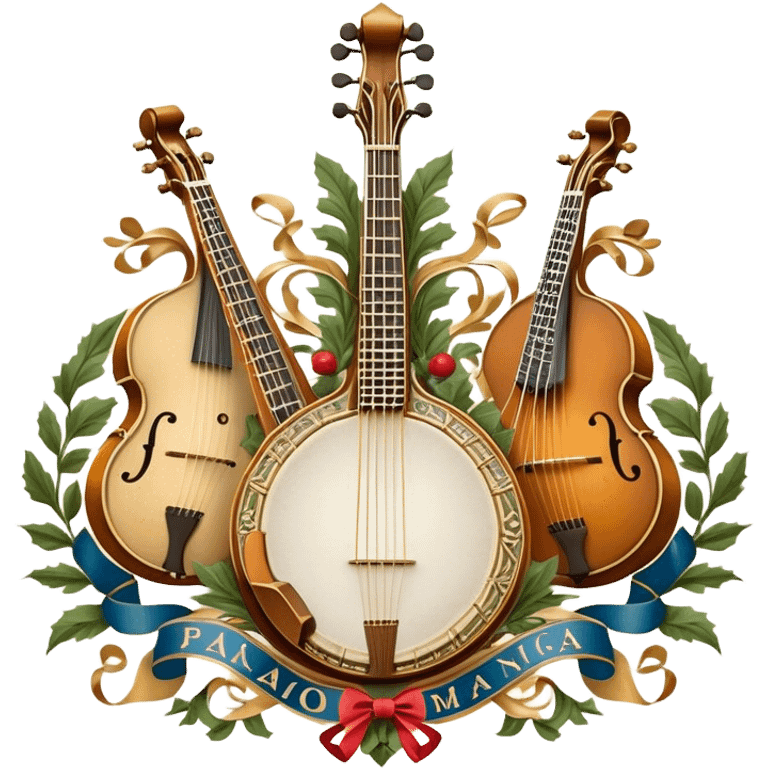 Create an intricate, festive, and emblematic emoji symbolizing plucked string instruments. The design should resemble a regal crest, featuring instruments like a banjo, mandolin, domra, sitar, and other plucked strings, arranged symmetrically in an ornate composition. Their necks and strings should elegantly intertwine with a flowing ribbon of musical notes, wrapping gracefully around the instruments. The overall shape should be grand and balanced, evoking a sense of tradition and celebration. Use a rich and refined color palette with gold, deep mahogany, and vibrant accents, adding intricate wood textures, decorative inlays, and metallic tuning pegs for a professional, polished look. The background should be transparent, making the emblem stand out as an independent artistic mark emoji