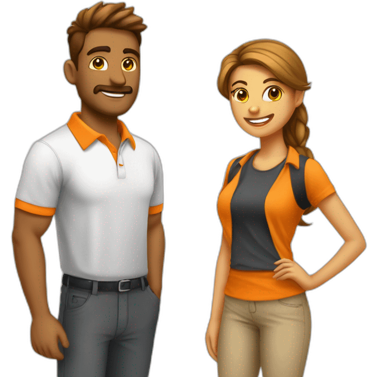 Chico y chica trabajan en oficina con remera color naranja emoji