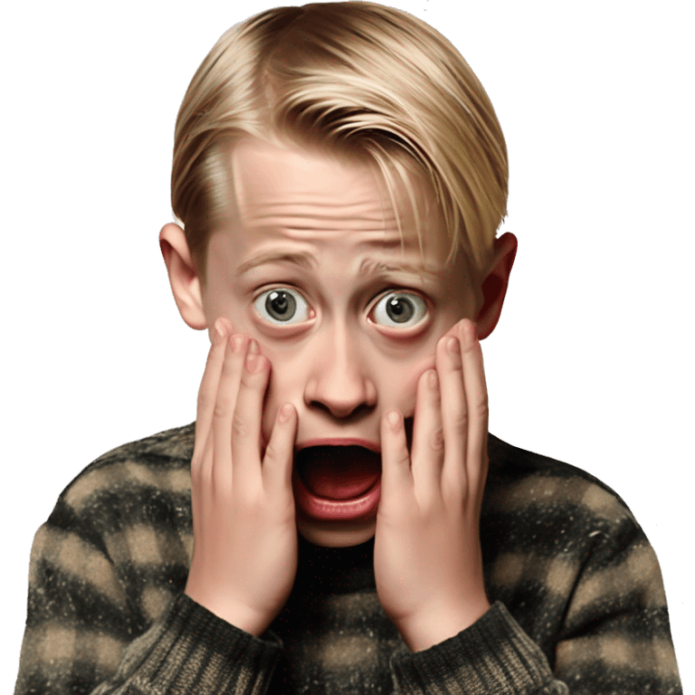 macaulay culkin child from Home Alone, putting both hands on his face and screaming of fear. bring the hands down lik he is putting on his cheeks. emoji