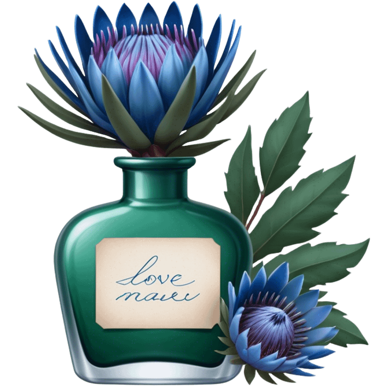 Dark green captivating perfume bottle with blue proteas and a handwritten love letter emoji