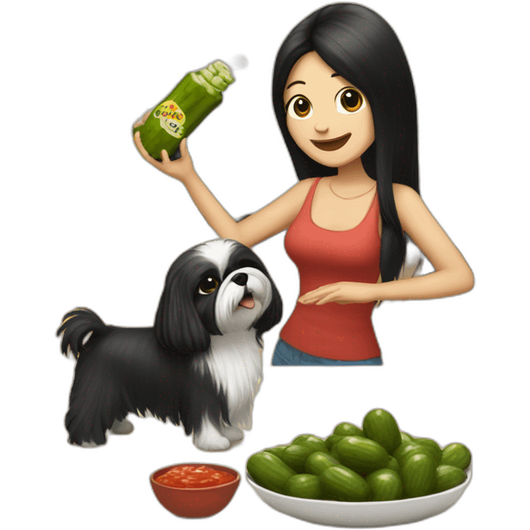 white woman with black long straight hair dancing salsa while eating pickles with a shih tzu dog emoji