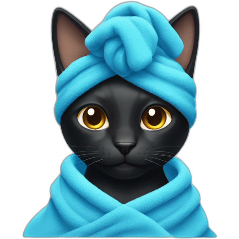 black cat with a blue towel on his head after a shower emoji