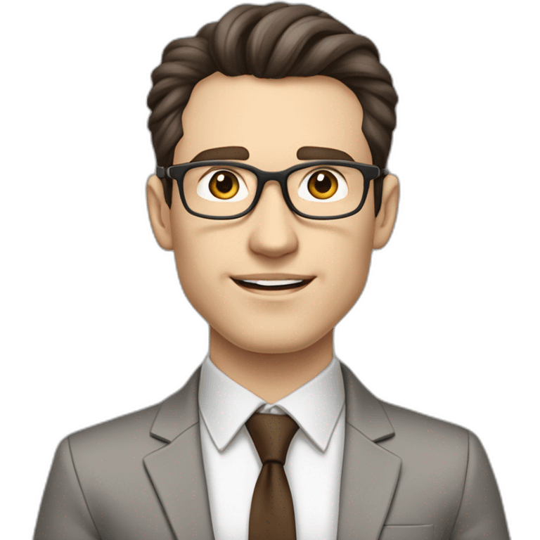 Pale skinned fit man with dark brown hair in gray jacket, beige office shirt, brown tie, brown pants and vintage glasses Writing on the marker board emoji