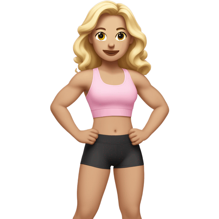 White woman, pale skin, long hair, blonde hair, wavy hair, baby pink sports bra, baby pink leggings, flexing right arm emoji