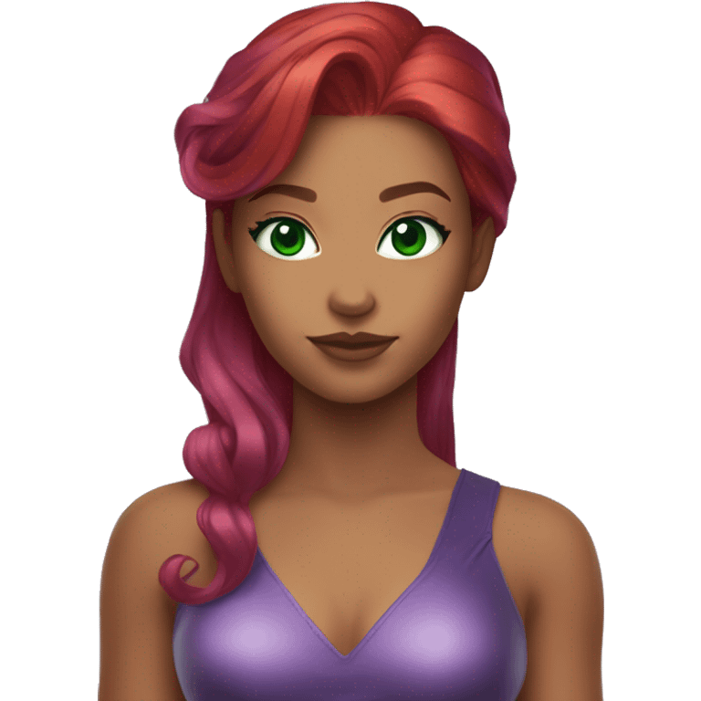 dc comics starfire red hair; purple silver outfit; jade green eyes emoji