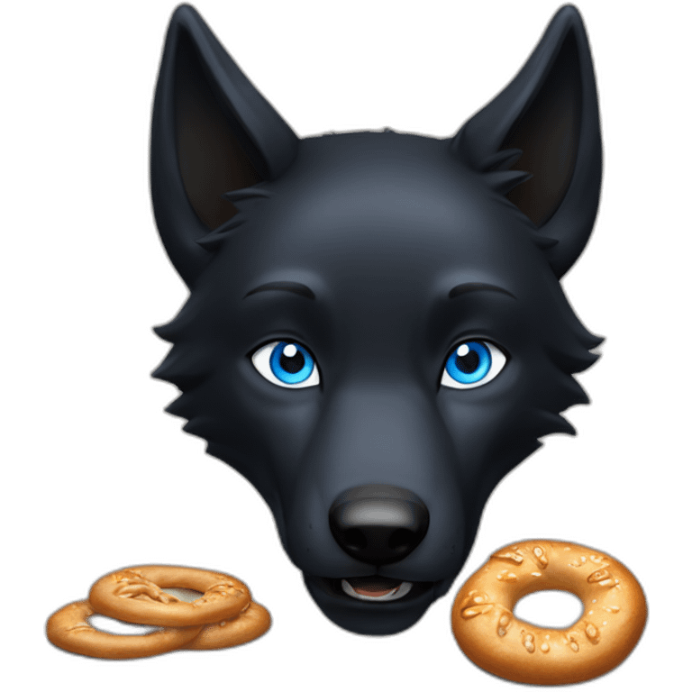 a full black wolf with blue eyes eating a bretzel emoji