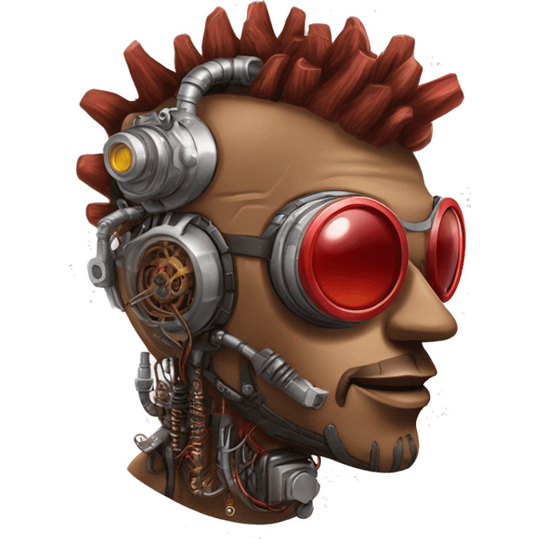 Brown cyborg head with red Mohawk, red beard. silver steampunk monocle goggles a smile and circuits emoji