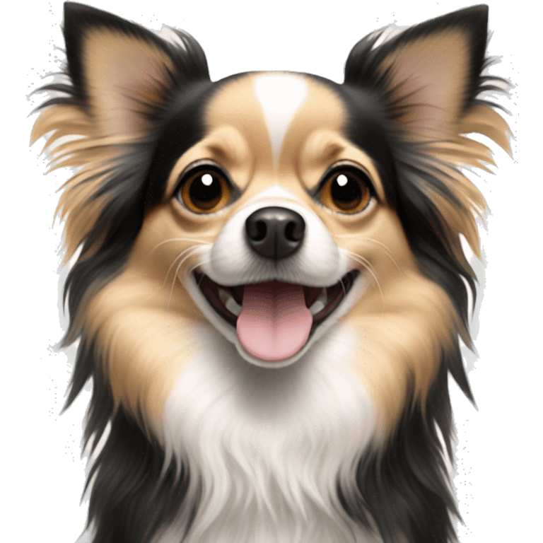 black white and tan long-haired chihuahua looking happy emoji