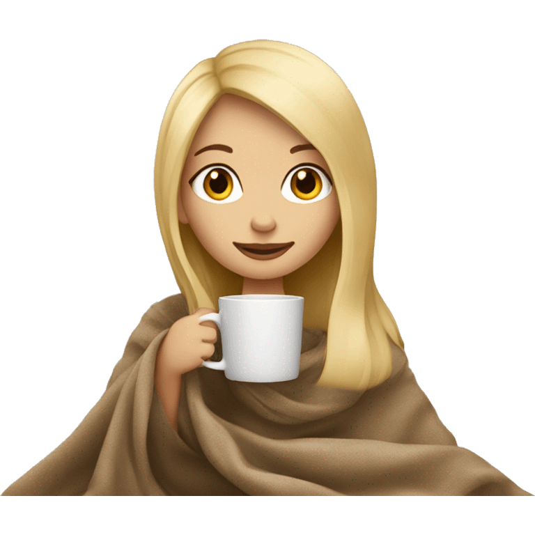 Blond straight hair girl sitting with her cozy coffee  and beige blanket emoji