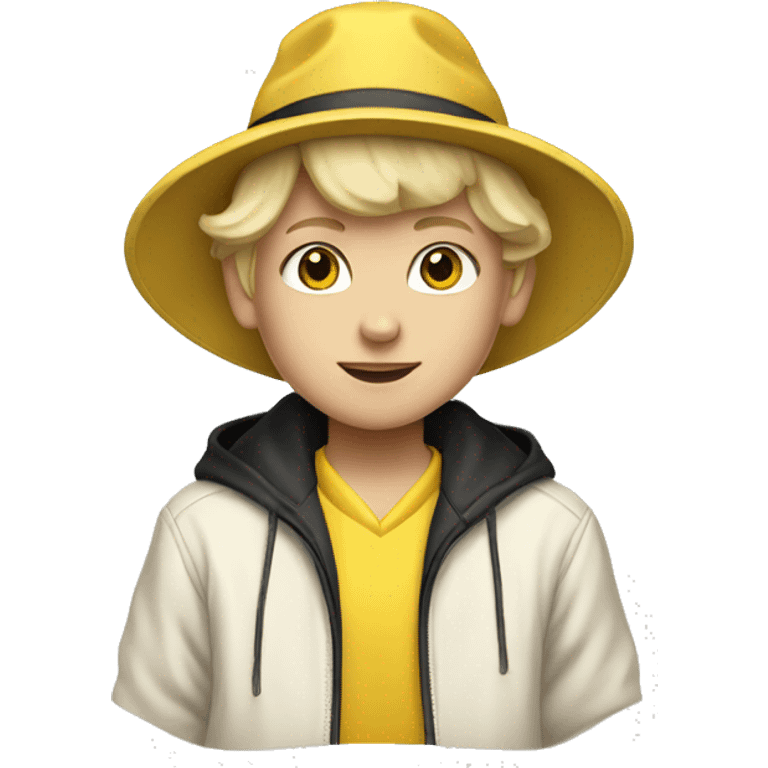 Blonde haired kid in a vintage white and yellow windbreaker with a black hat emoji