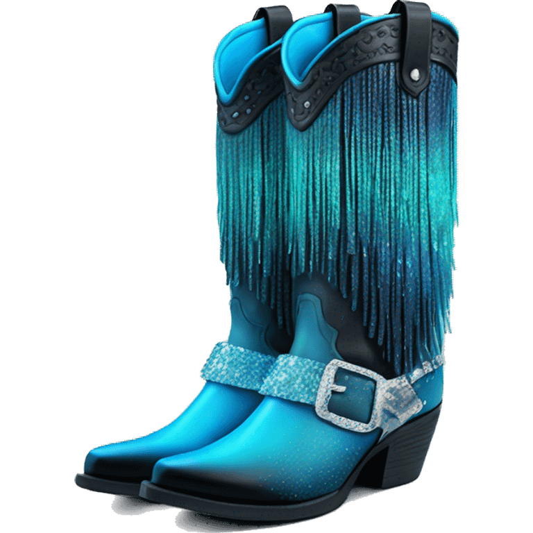 Realistic neon blue to black ombre pair of fashion cowgirl boots with sparkly shiny glitter fringe on them. emoji