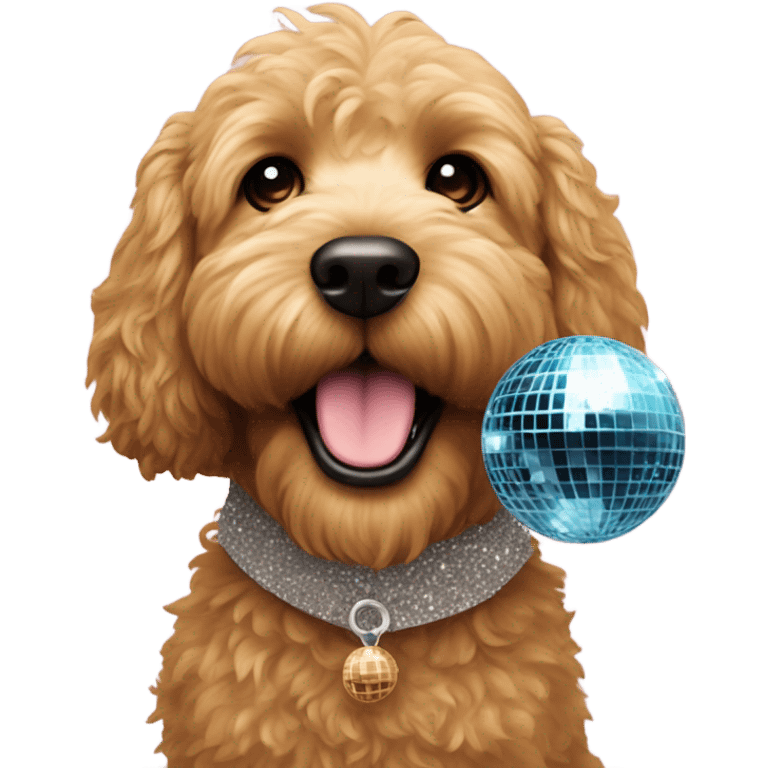 Mini Golden doodle holding discoball emoji