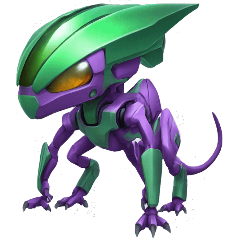 a purple-green Genesect-Raptor-Fakémon—hybrid with a futuristic visor-helmet full body emoji