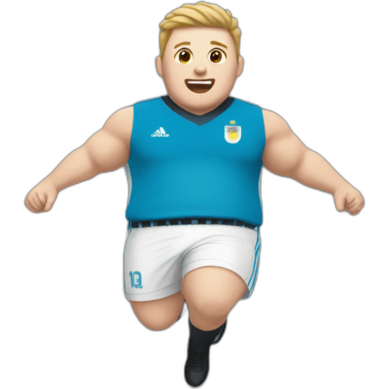 Short hair, obese white man jumping. argentina team uniform.  emoji