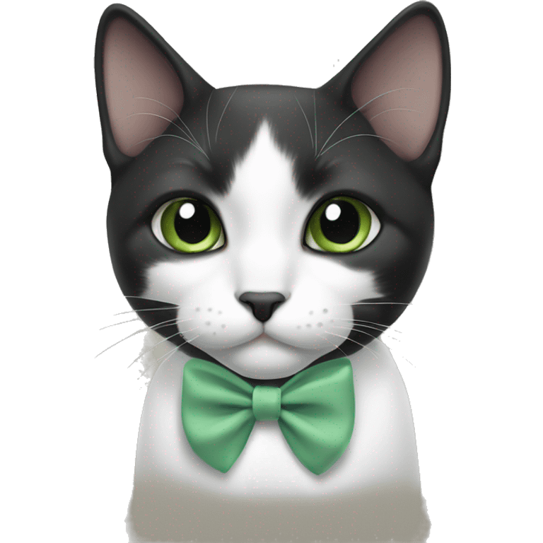 Black and white cat with sage green bow at neck emoji