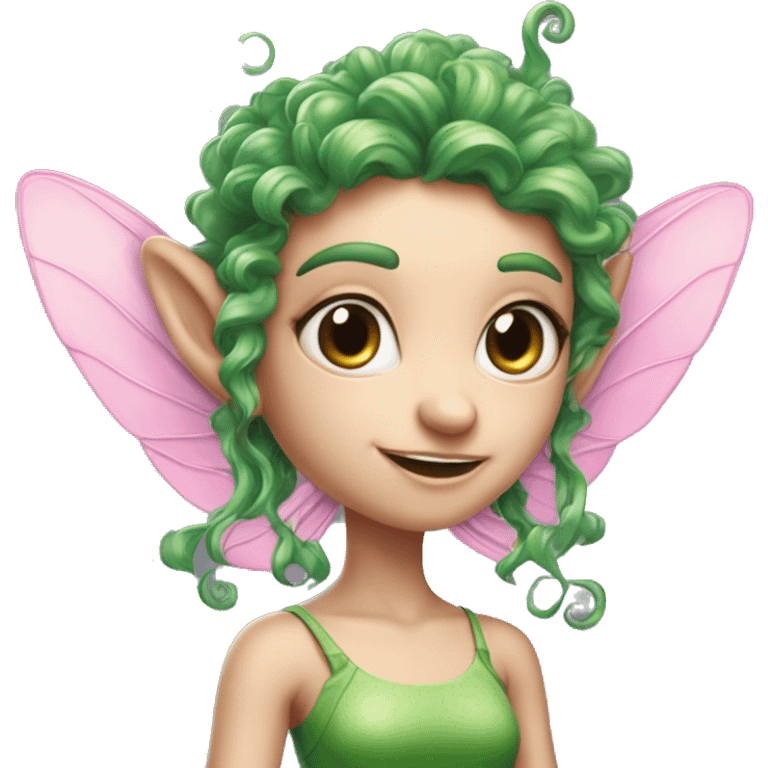 a pink-skinned creature with 4 eyes, elf ears with green curly hair, and fairy pixie wings, with FOUR EYES, SKINIS PINK emoji