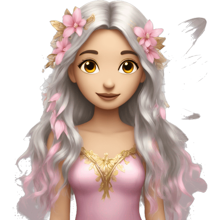 Beautiful, flower, fairy, pink, silver, gold, long hair, wings emoji