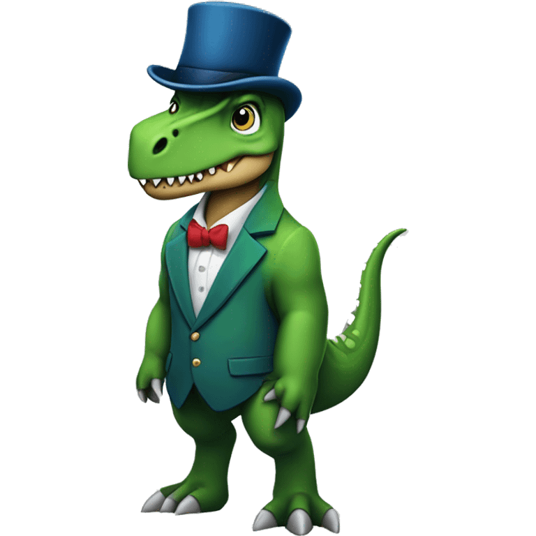 A dinosaur wearing a blue blazer dino green colour and has a top hat on with a horse and 2 lamce logo on both blazer snd hat and the dino is terex side facing view just like apple emojis emoji